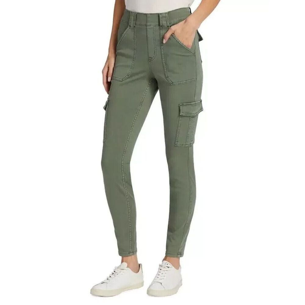Spanx Pants Women Medium Green Stretch Twill Ankle Cargo Skinny Slim Leg Army
